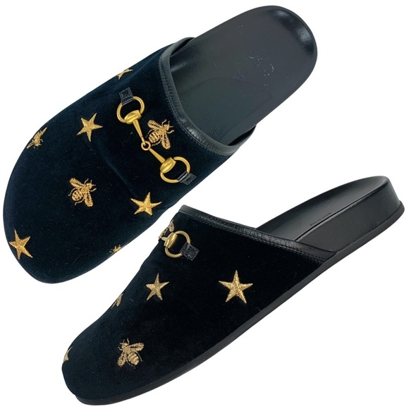 GUCCI Velvet Malaga Bee Star Embroidered Womens Horsebit River Slippers Mules 39 - Picture 1 of 13